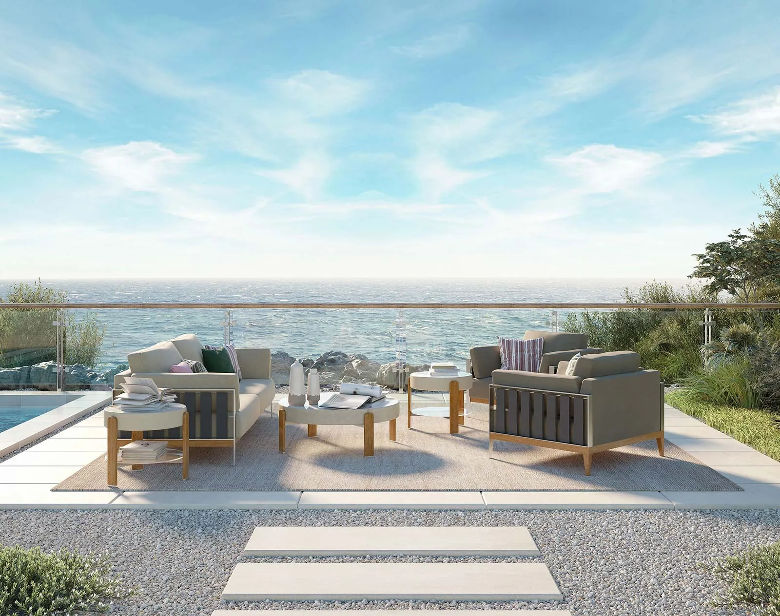 Daniela Collection: upholstered outdoor sofa and armchair in fabric by Formitalia