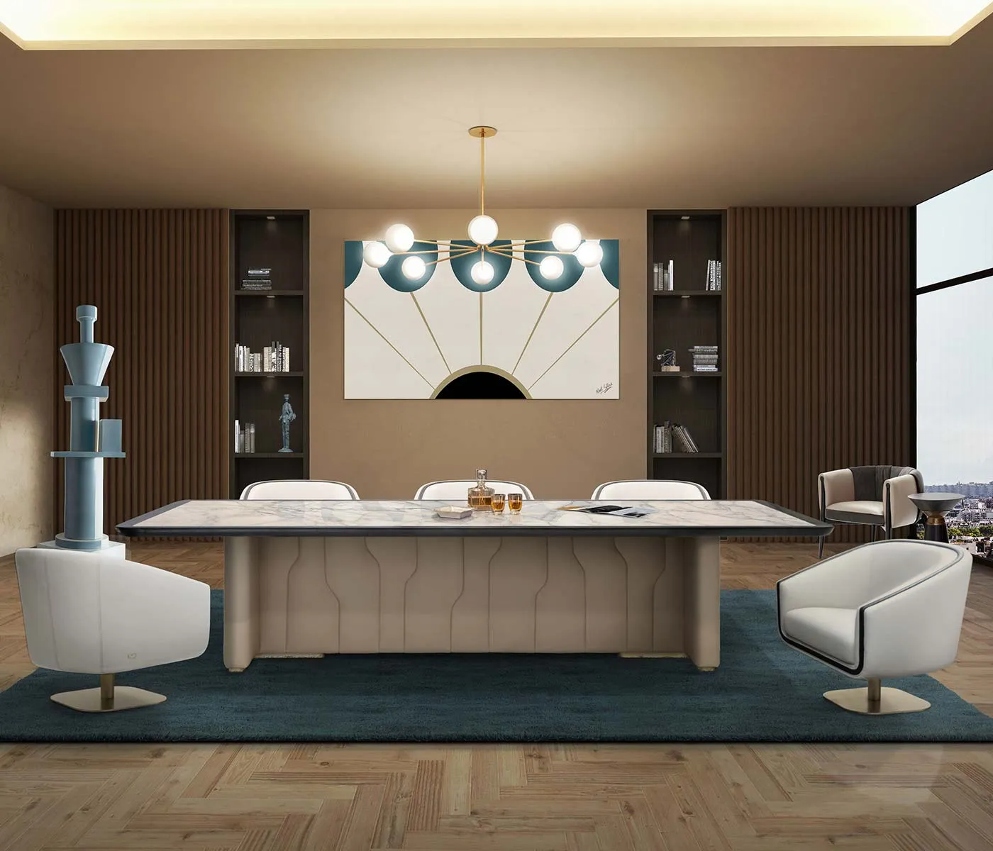 Luxury Meeting Table with Carrara Marble Top and Pale Gold Metal Details